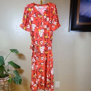 LOFT Red Long Floral Dress With Waist Tie Size 10